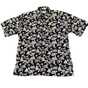 Vintage Pierre Cardin Hawaiian Shirt Mens Size Large Tropical Sailboat Black Tan
